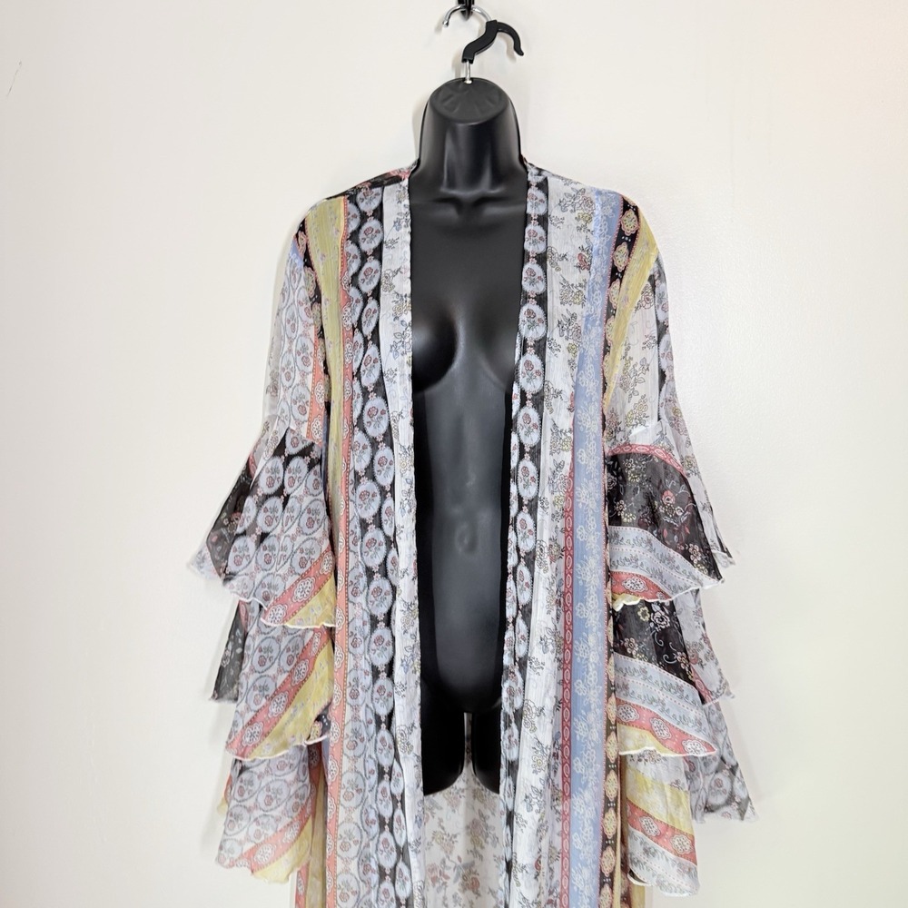 Chlah Women's Kaftan‎ Swim Cover Up Size Yellow Sheer Floral Open Beach Vacation